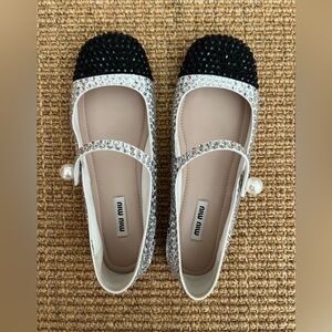 Miu Miu Crystal-Embellished Gabardine Mary Jane Flats Size 36.5